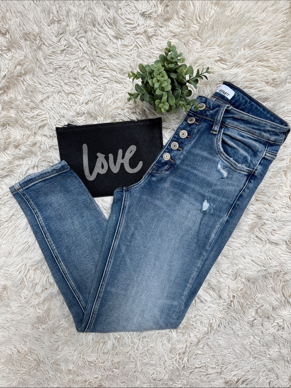 Vervet Button-Fly Distressed Boyfriend Jeans 💗 Blue